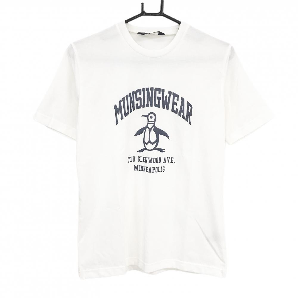 【美品】マンシングウェア Tシャツ 白×ネイビー コットン混 ロゴプリント メンズ S ゴルフウェア Munsingwear