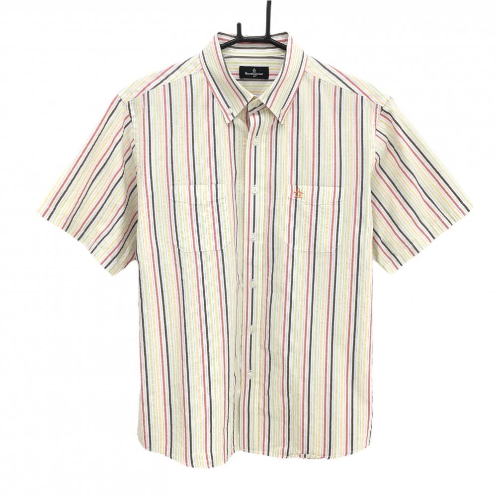 【美品】マンシングウェア 半袖シャツ 白×マルチカラー ストライプ ボタンダウン メンズ LL ゴルフウェア Munsingwear