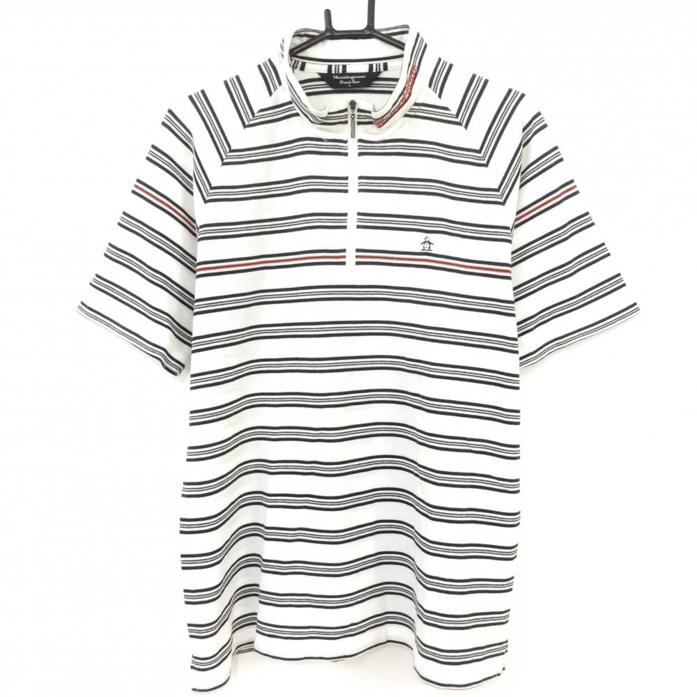 【美品】Munsingwear マンシングウェア 半袖ハイネックシャツ 白×ダークネイビー ボーダー ハーフジップ メンズ L ゴルフウェア