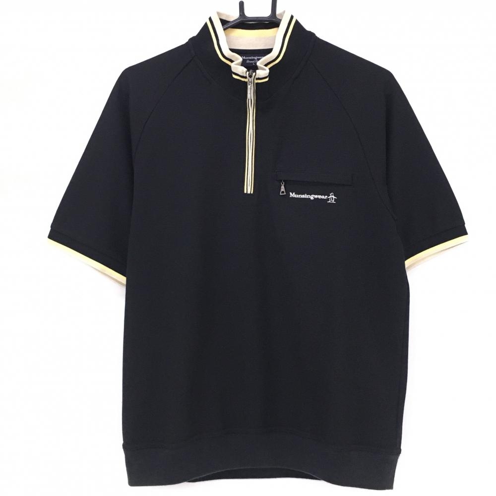 マンシングウェア 半袖ハイネックシャツ 黒×イエロー 凸凹生地 ハーフジップ  メンズ Ｌ ゴルフウェア Munsingwear