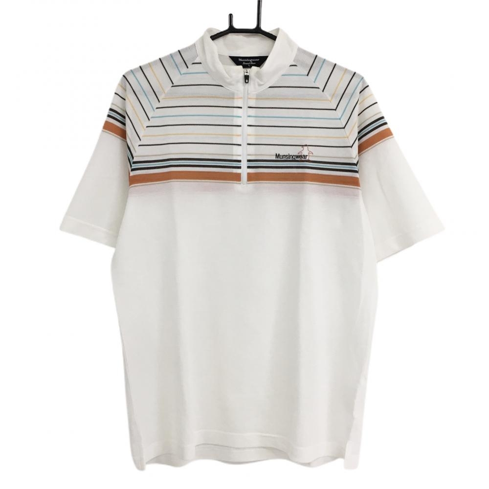 【美品】マンシングウェア 半袖ハイネックシャツ 白×ブラウン 一部ボーダー ハーフジップ  メンズ Ｌ ゴルフウェア Munsingwear