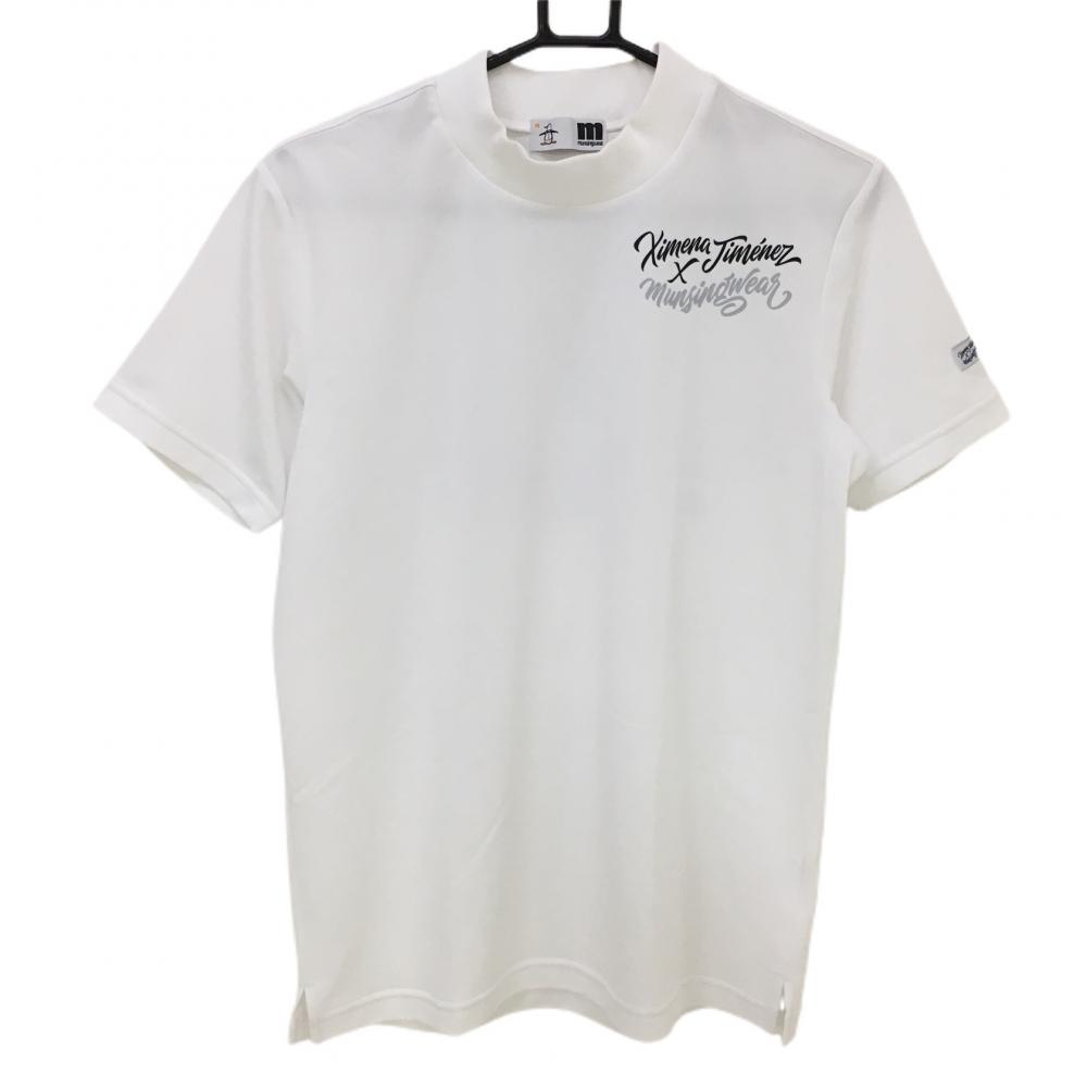 【美品】マンシングウェア 半袖ハイネックシャツ 白 ロゴプリント メンズ M ゴルフウェア Munsingwear