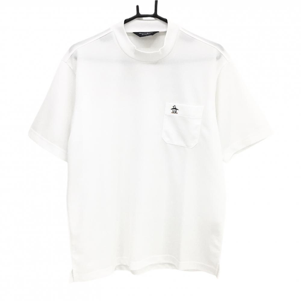 【超美品】マンシングウェア 半袖ハイネックシャツ 白 胸ポケット付 バックロゴ メンズ L ゴルフウェア Munsingwear