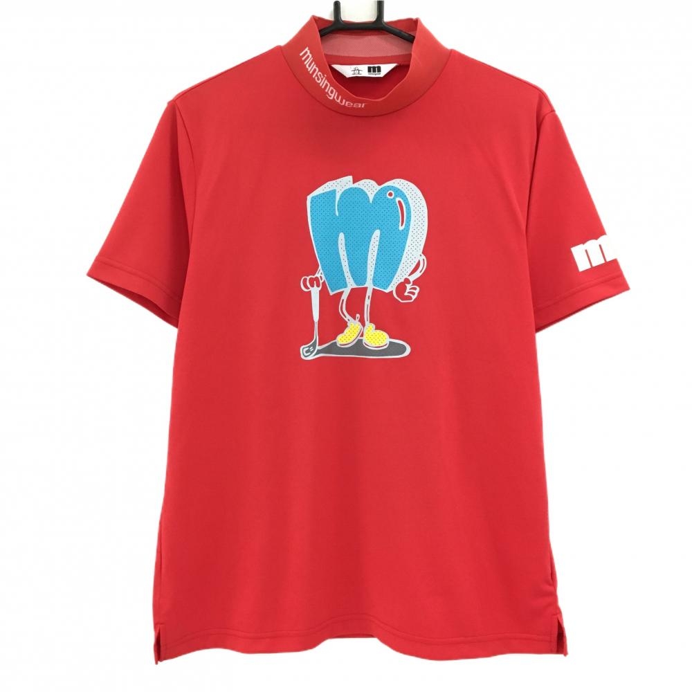 【超美品】マンシングウェア 半袖ハイネックシャツ レッド×白 ビッグプリント  メンズ L ゴルフウェア Munsingwear