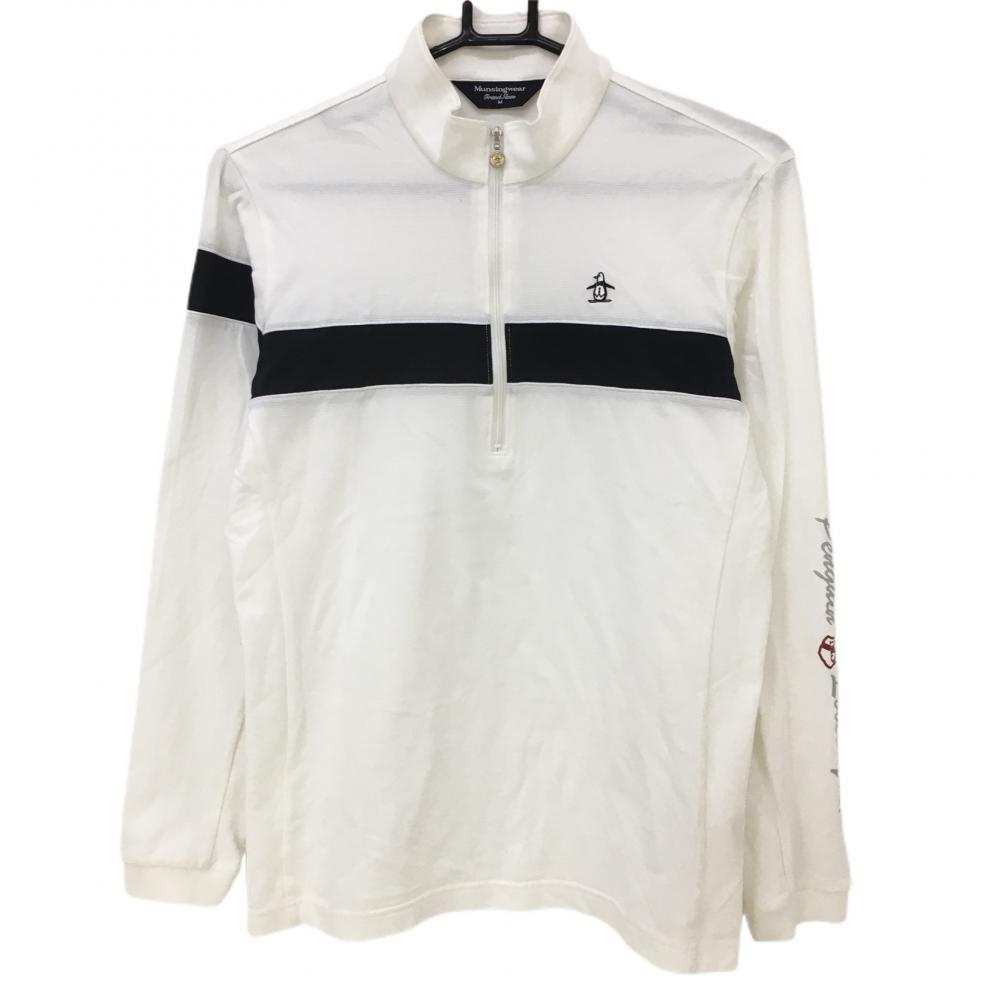 マンシングウェア 長袖ハイネックシャツ 白×黒 ロゴ刺しゅう ハーフジップ メンズ M ゴルフウェア Munsingwear