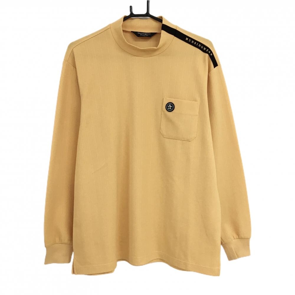 【超美品】マンシングウェア 長袖ハイネックシャツ オレンジ ストライプ地模様 胸ポケット付 メンズ L ゴルフウェア Munsingwear