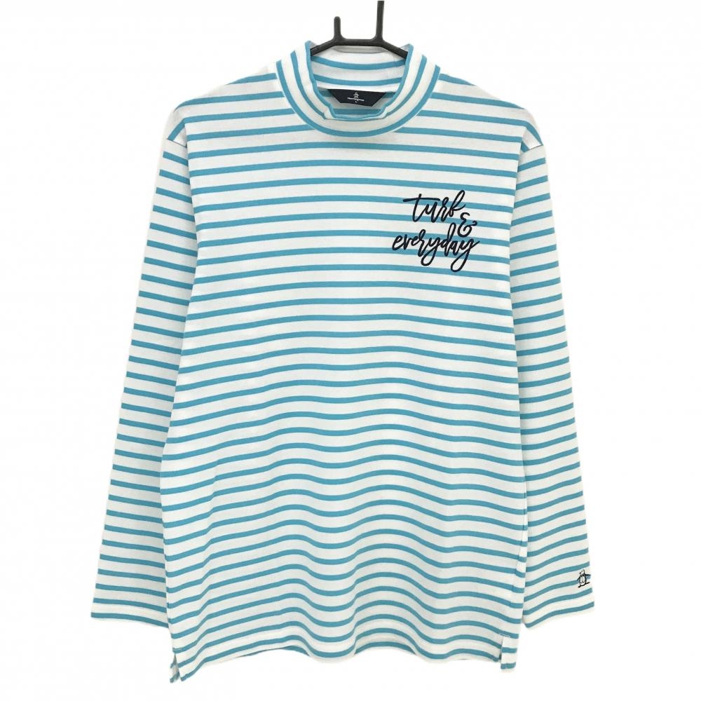 【超美品】マンシングウェア 長袖ハイネックシャツ 白×ライトブルー ボーダー 刺しゅう メンズ L ゴルフウェア Munsingwear