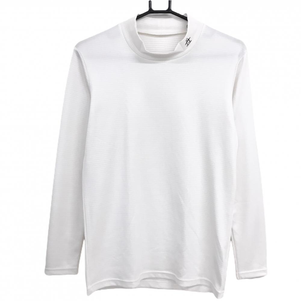 【超美品】マンシングウェア 長袖ハイネックシャツ 白 ボーダー地模様 ネックロゴ メンズ M ゴルフウェア Munsingwear