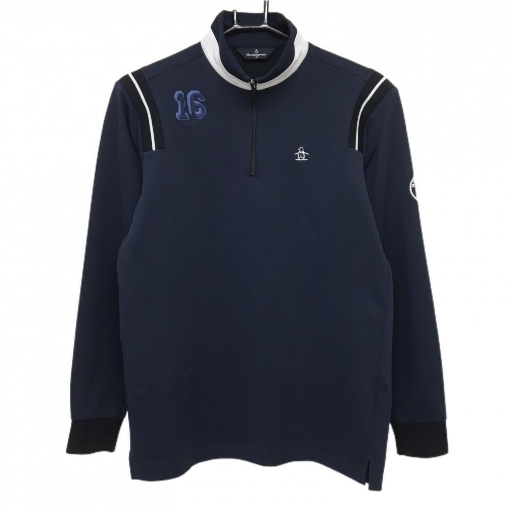 マンシングウェア 長袖ハイネックシャツ ネイビー×白 肩ライン ハーフジップ  メンズ M ゴルフウェア Munsingwear