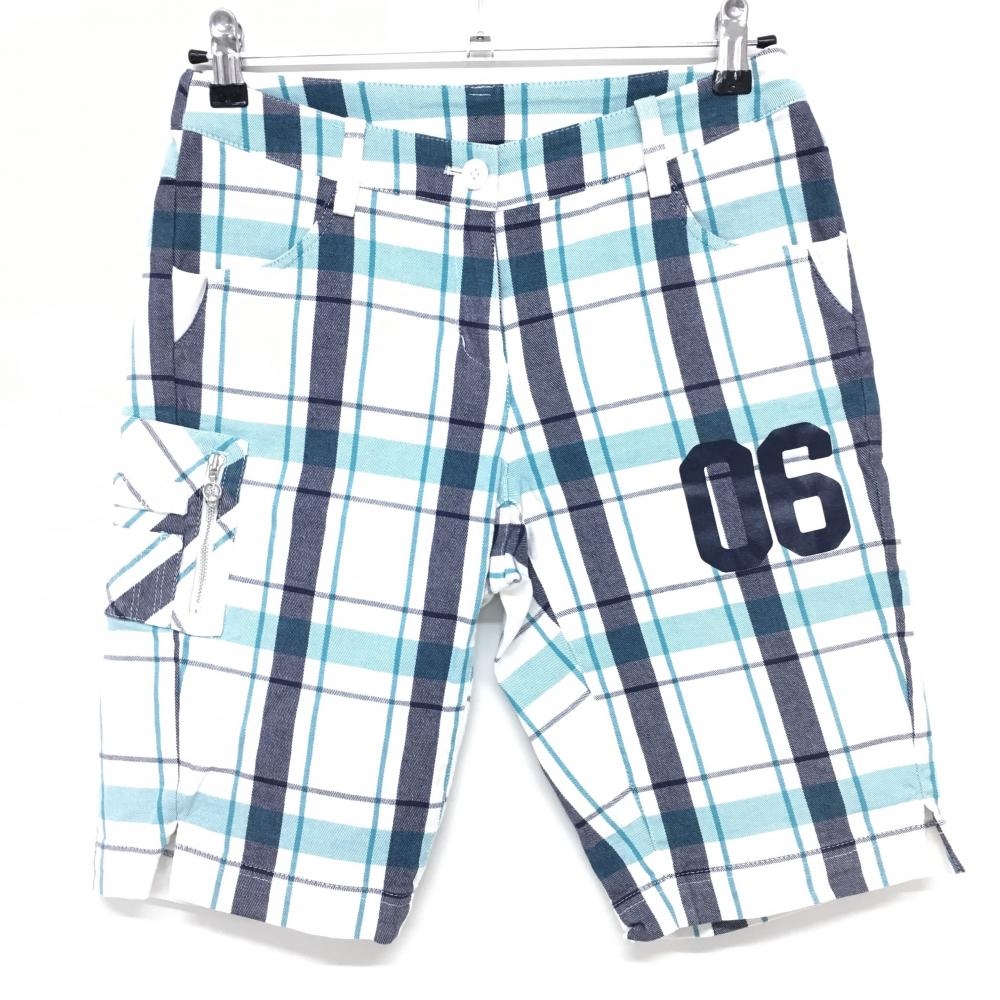 【美品】マンシングウェア ハーフパンツ 白×ネイビー チェック柄 総柄  メンズ 9 ゴルフウェア Munsingwear