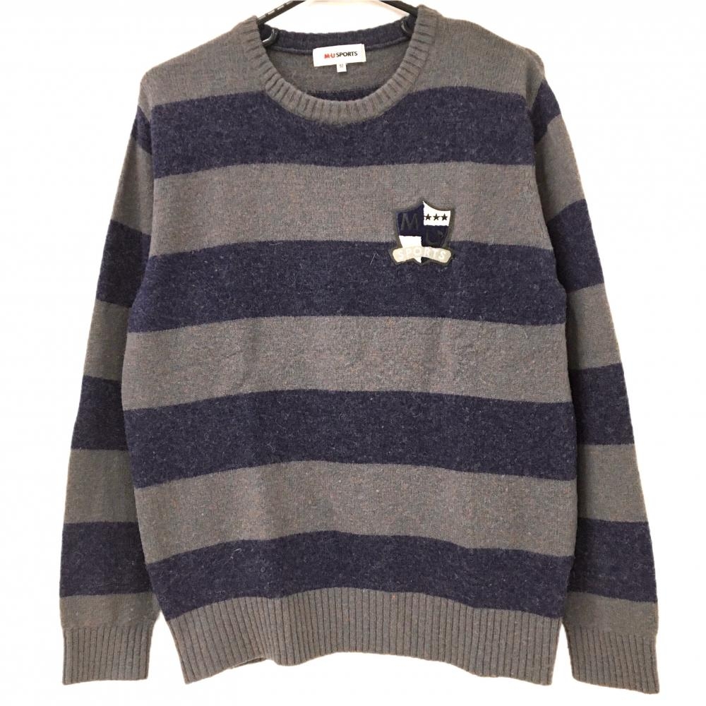 MUスポーツ セーター グレー系×ネイビー系 ボーダー ウール混 ニット メンズ 50(L) ゴルフウェア M・U SPORTS