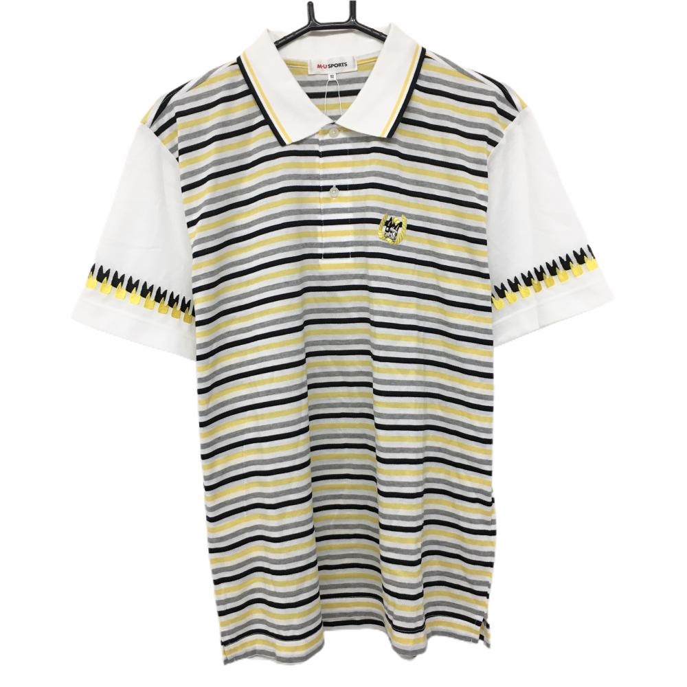 【新品】MUスポーツ 半袖ポロシャツ 白×イエロー×黒 身頃ボーダー 吸汗速乾 メンズ 52 ゴルフウェア M・U SPORTS