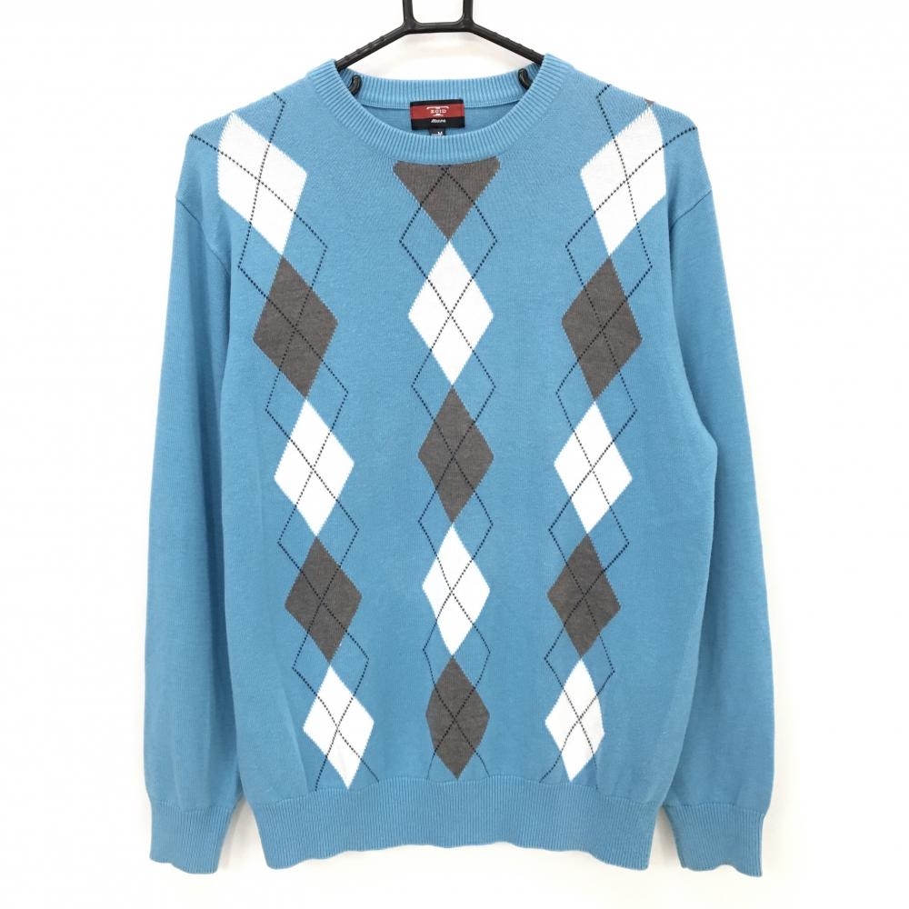 【美品】ミズノ セーター ライトブルー×白×グレー 前面アーガイル T-ZOID ニット アクリル混  メンズ M ゴルフウェア MIZUNO