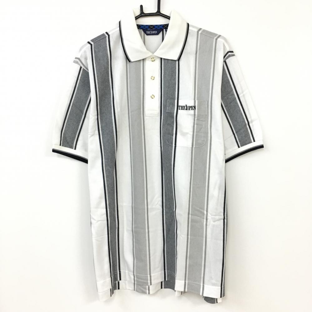 【未使用品】MIZUNO ミズノ THE OPEN 半袖ポロシャツ 白×黒 ストライプ 胸ポケット メンズ LL ゴルフウェア
