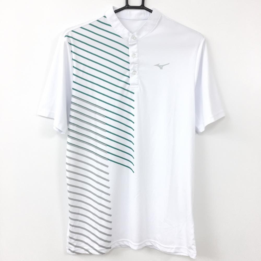 【美品】MIZUNO ミズノ 半袖ポロシャツ 白×グリーン スタンドカラー 一部斜めストライプ柄 メンズ SMALL ゴルフウェア