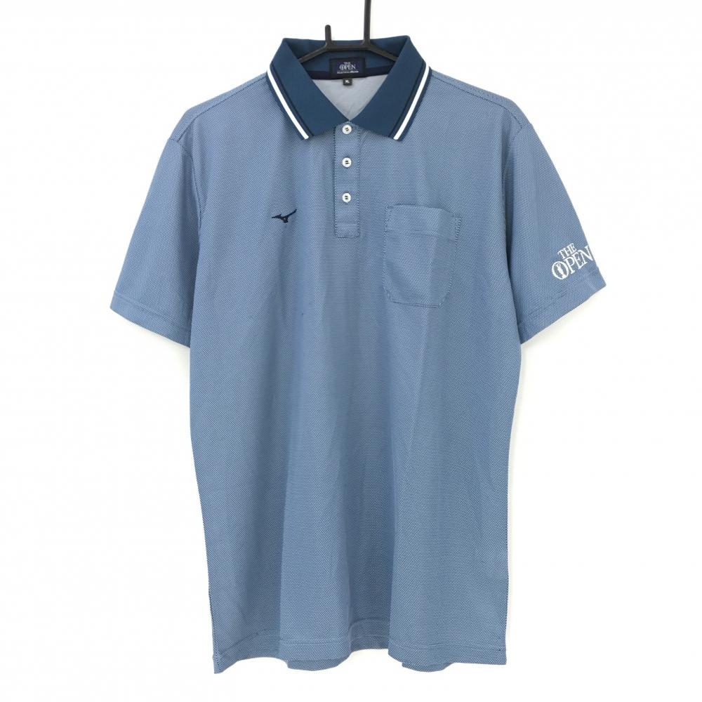 ミズノ THE OPEN 半袖ポロシャツ ブルー 織生地 胸ポケット メンズ XL ゴルフウェア MIZUNO