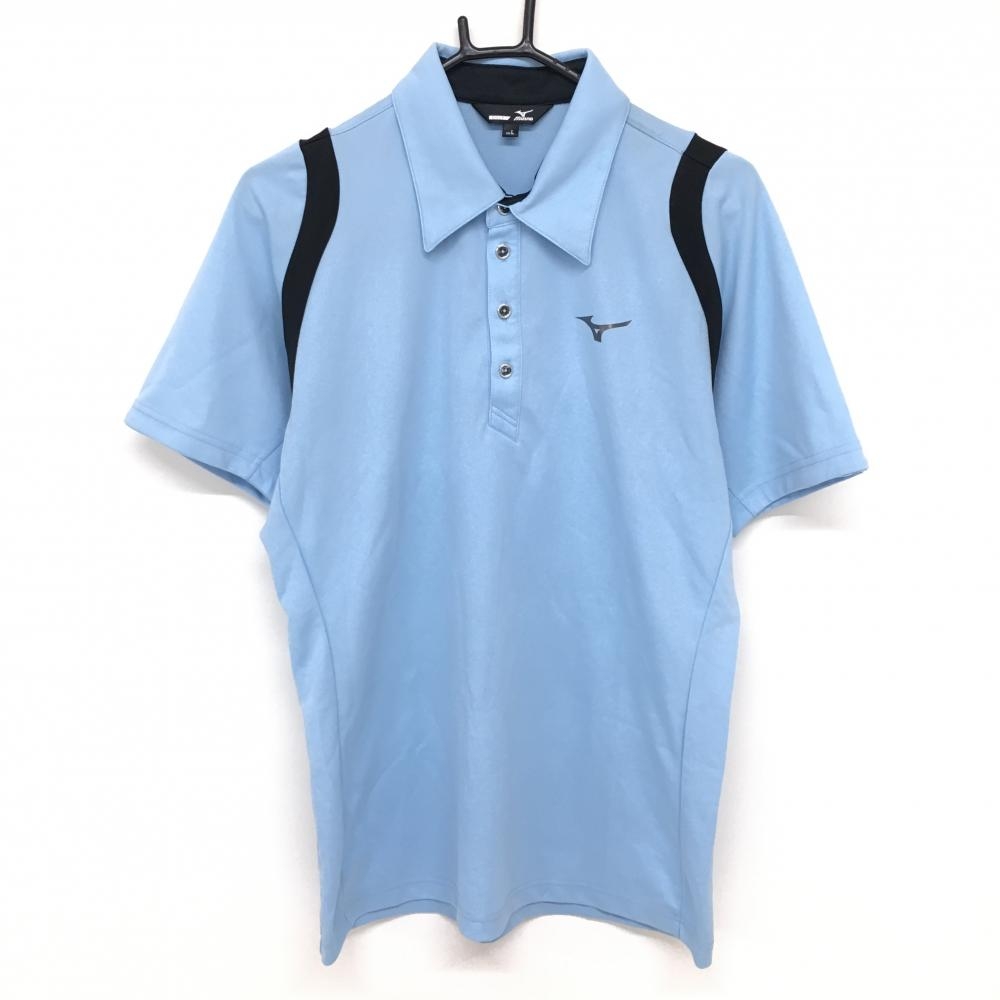 ミズノ 半袖ポロシャツ ライトブルー×黒 ロゴプリント メンズ L ゴルフウェア MIZUNO