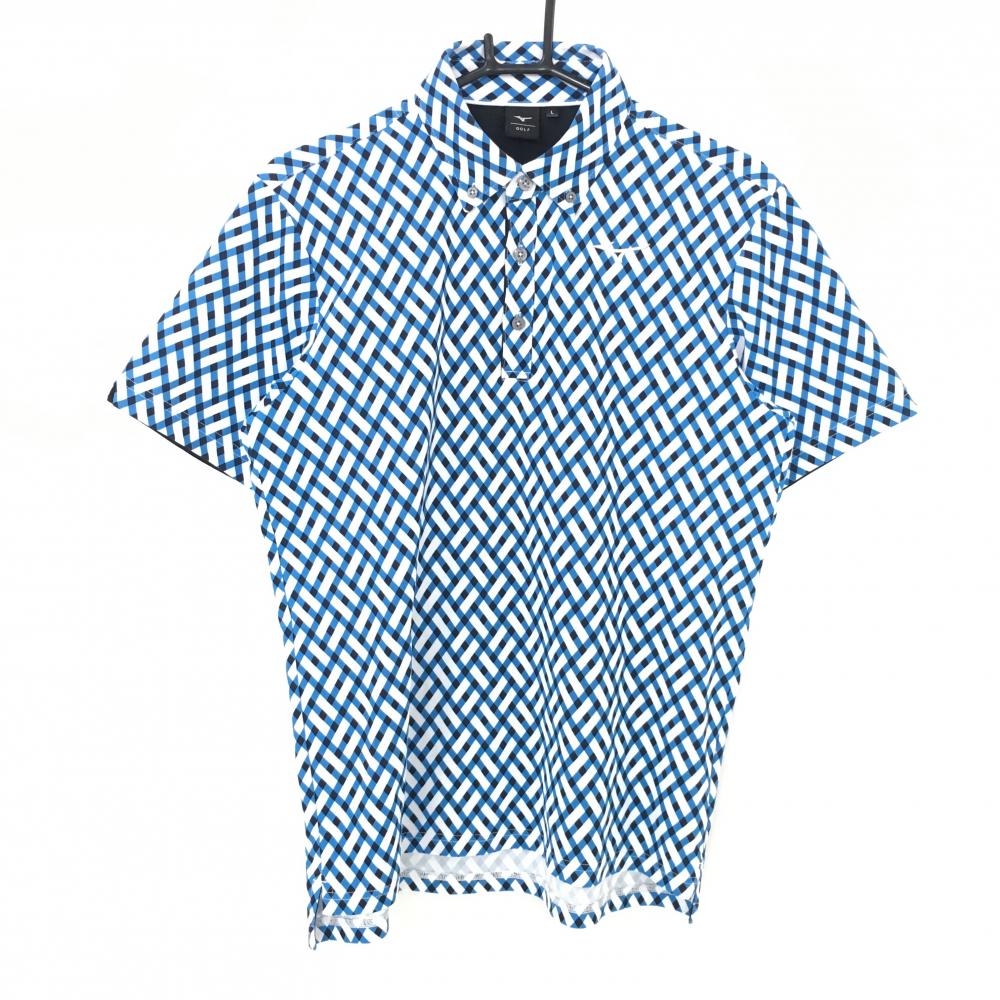 【美品】ミズノゴルフ 半袖ポロシャツ 白×ブルー チェック調 ボタンダウン  メンズ L ゴルフウェア MIZUNO