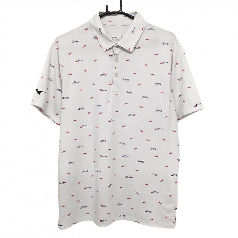 【美品】ミズノ 半袖ポロシャツ 白×レッド 金魚総柄 日本設計 メンズ MEDIUM ゴルフウェア MIZUNO