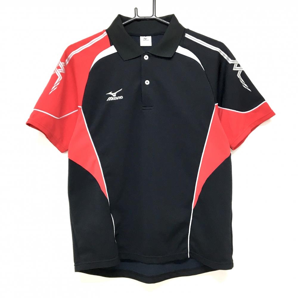 【美品】ミズノ 半袖ポロシャツ 黒×レッド ロゴ刺しゅう メンズ S ゴルフウェア MIZUNO