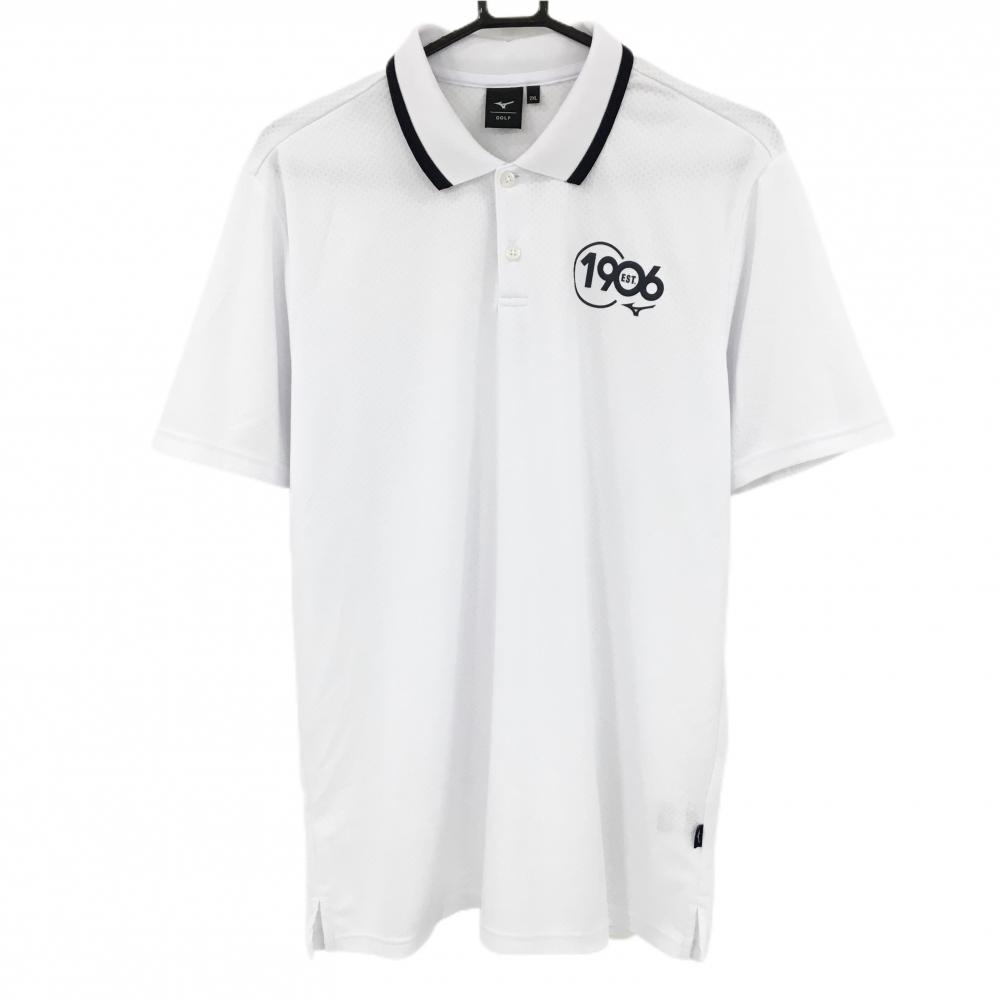 【超美品】ミズノゴルフ 半袖ポロシャツ 白 細目ドット地模様 襟ライン メンズ 2XL ゴルフウェア 大きいサイズ MIZUNO