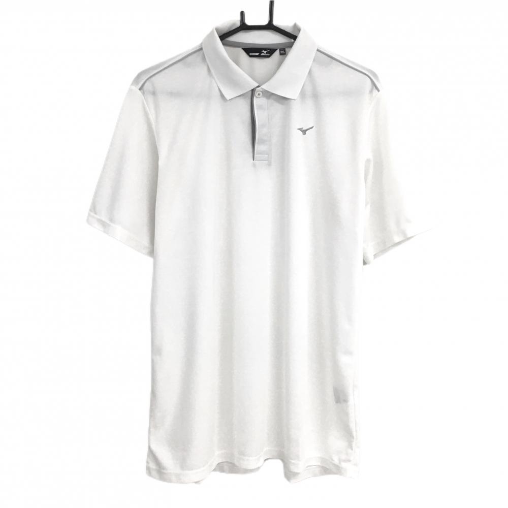【美品】ミズノゴルフ 半袖ポロシャツ 白 ロゴ・肩パイピンググレー メンズ 2XL ゴルフウェア MIZUNO