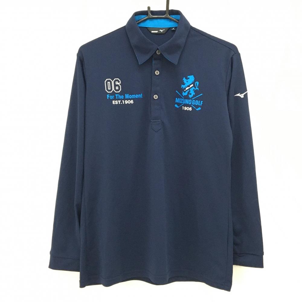 【超美品】ミズノゴルフ 長袖ポロシャツ ネイビー×ライトブルー 胸元ロゴ 袖刺しゅう メンズ M ゴルフウェア MIZUNO