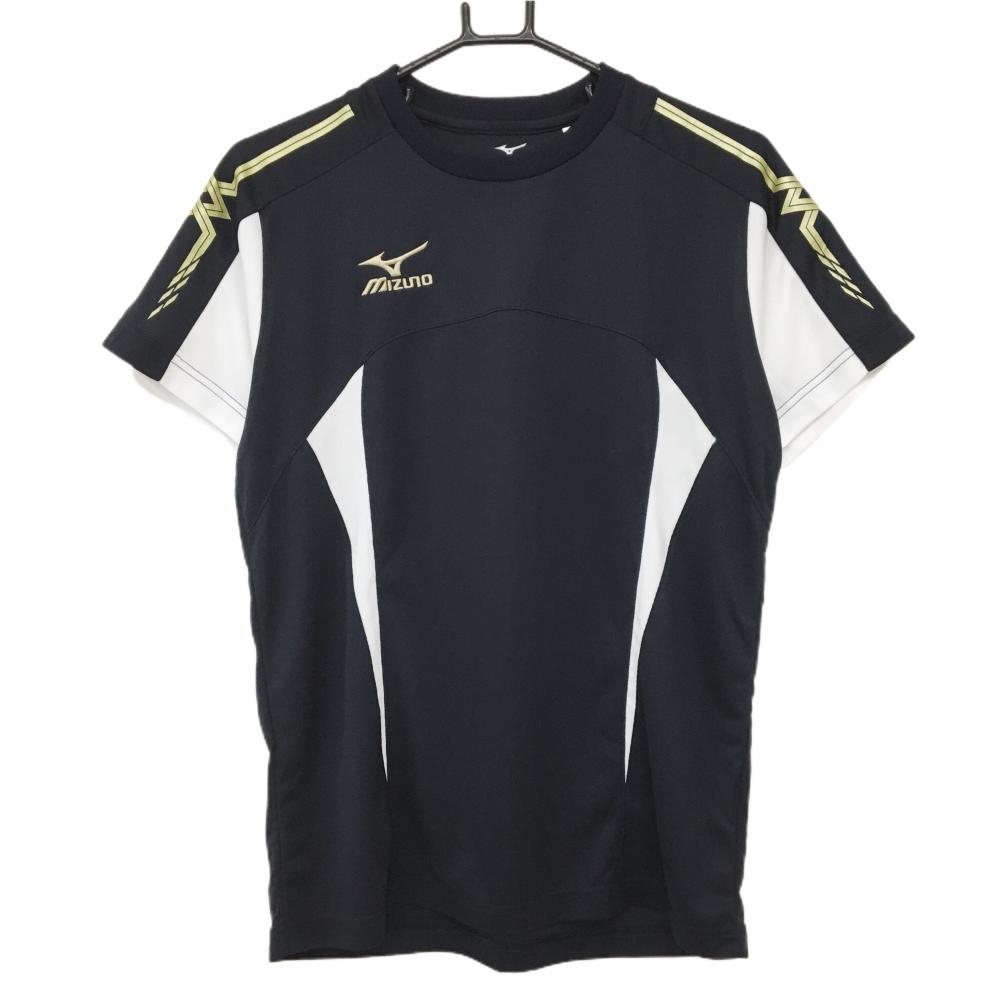 【超美品】ミズノ Tシャツ ダークネイビー×白 ロゴ刺しゅう バイカラー メンズ L ゴルフウェア MIZUNO