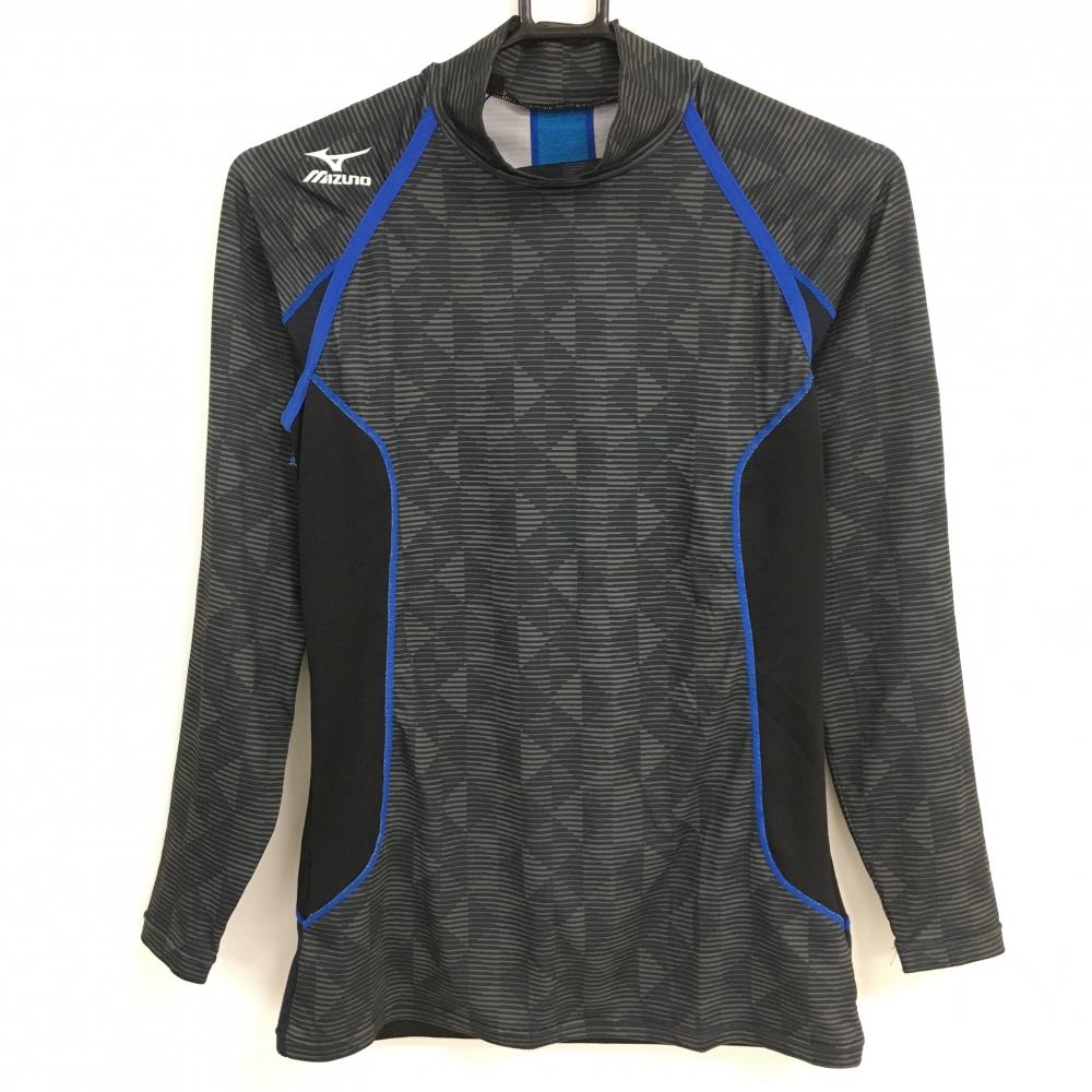 【超美品】ミズノ インナーシャツ 黒×グレー 総柄 一部メッシュ ハイネック メンズ M ゴルフウェア MIZUNO
