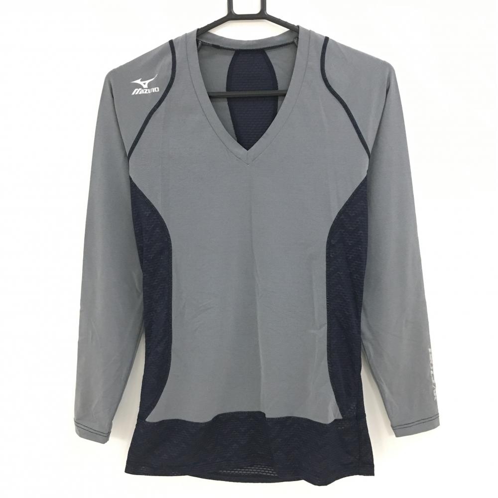 【美品】ミズノ インナーシャツ グレー×ネイビー 一部メッシュ 切替 Vネック メンズ L ゴルフウェア MIZUNO