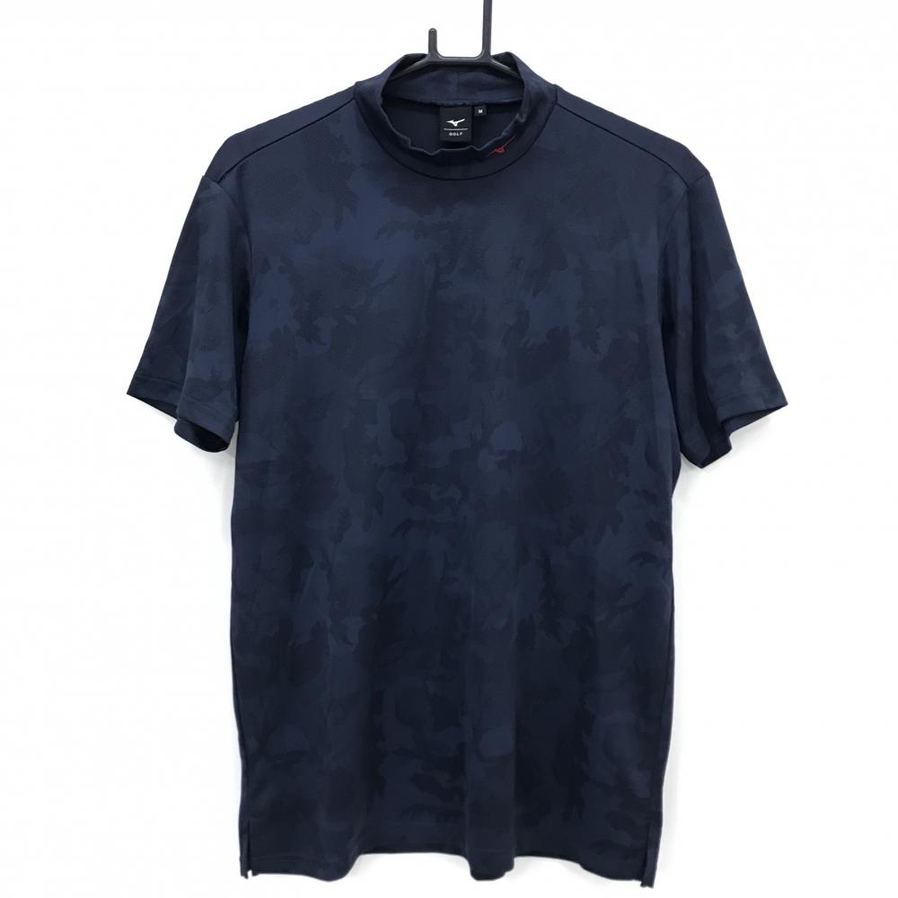 【超美品】ミズノ 半袖ハイネックシャツ ネイビー カモフラ地模様 迷彩 メンズ M ゴルフウェア MIZUNO