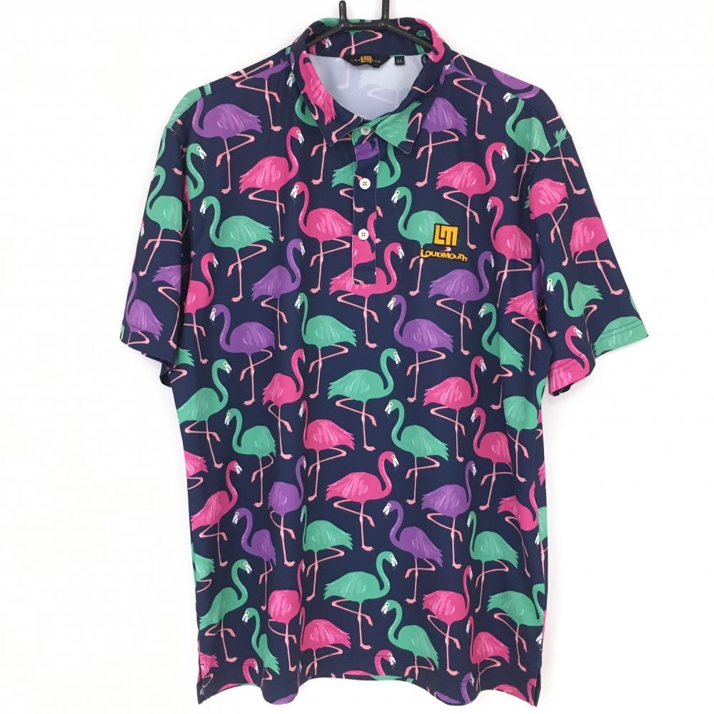【超美品】ラウドマウス 半袖ポロシャツ ネイビー×ピンク フラミンゴ総柄 ワイルドフラミンゴズ メンズ XL ゴルフウェア LOUDMOUTH