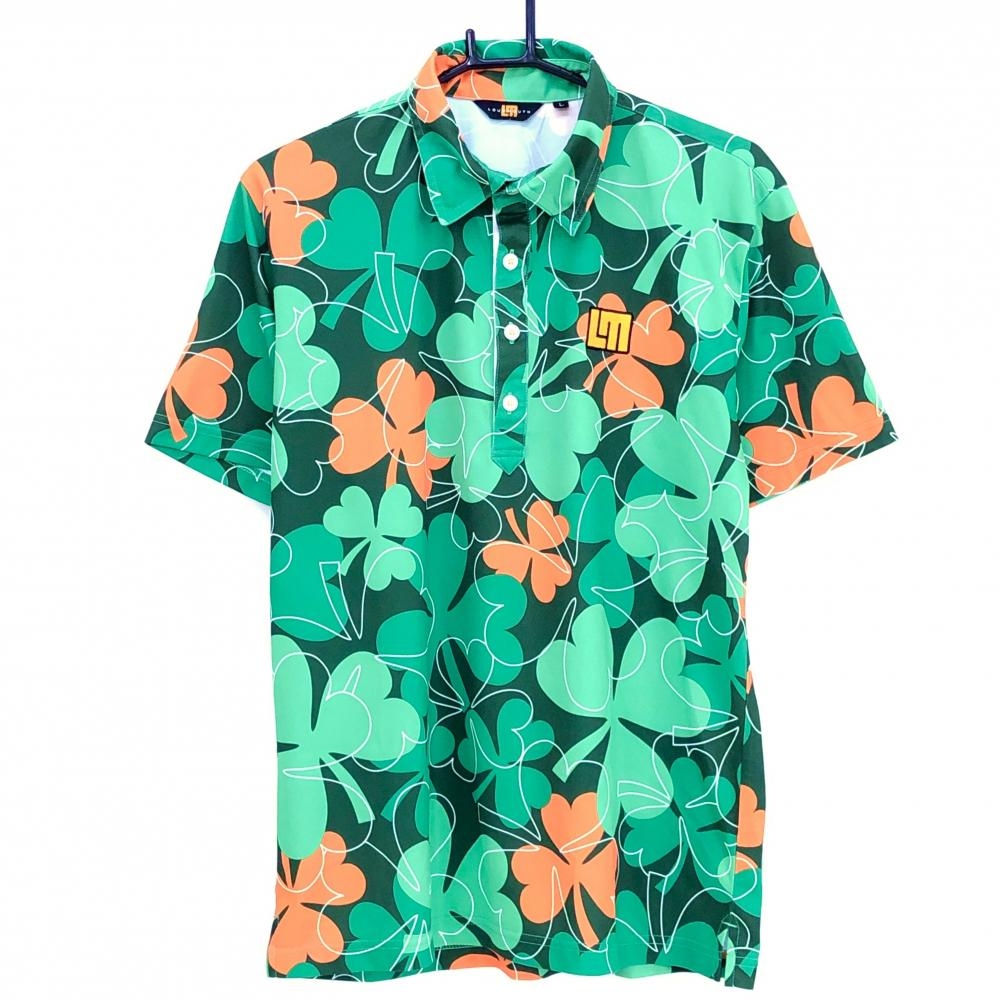 【美品】ラウドマウス 半袖ポロシャツ グリーン×オレンジ クローバー総柄 ラッキーオレンジ メンズ L ゴルフウェア LOUDMOUTH