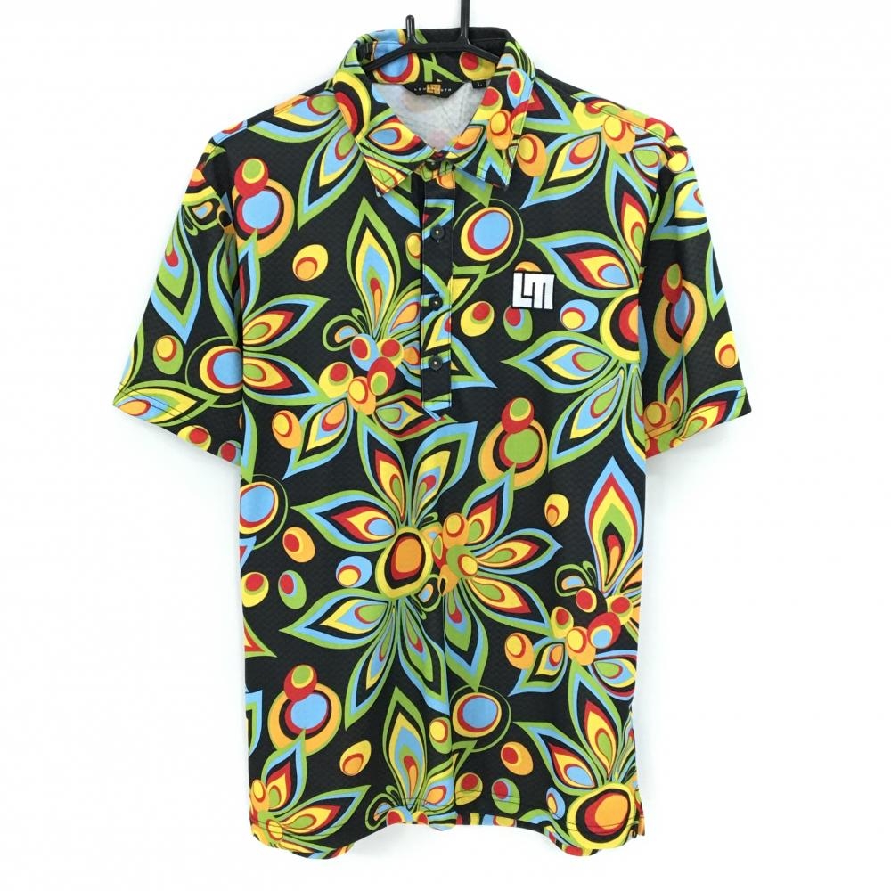 【美品】ラウドマウス 半袖ポロシャツ 黒×マルチカラー 総柄 シャガデリックブラック ロゴ刺しゅう メンズ L ゴルフウェア LOUDMOUTH