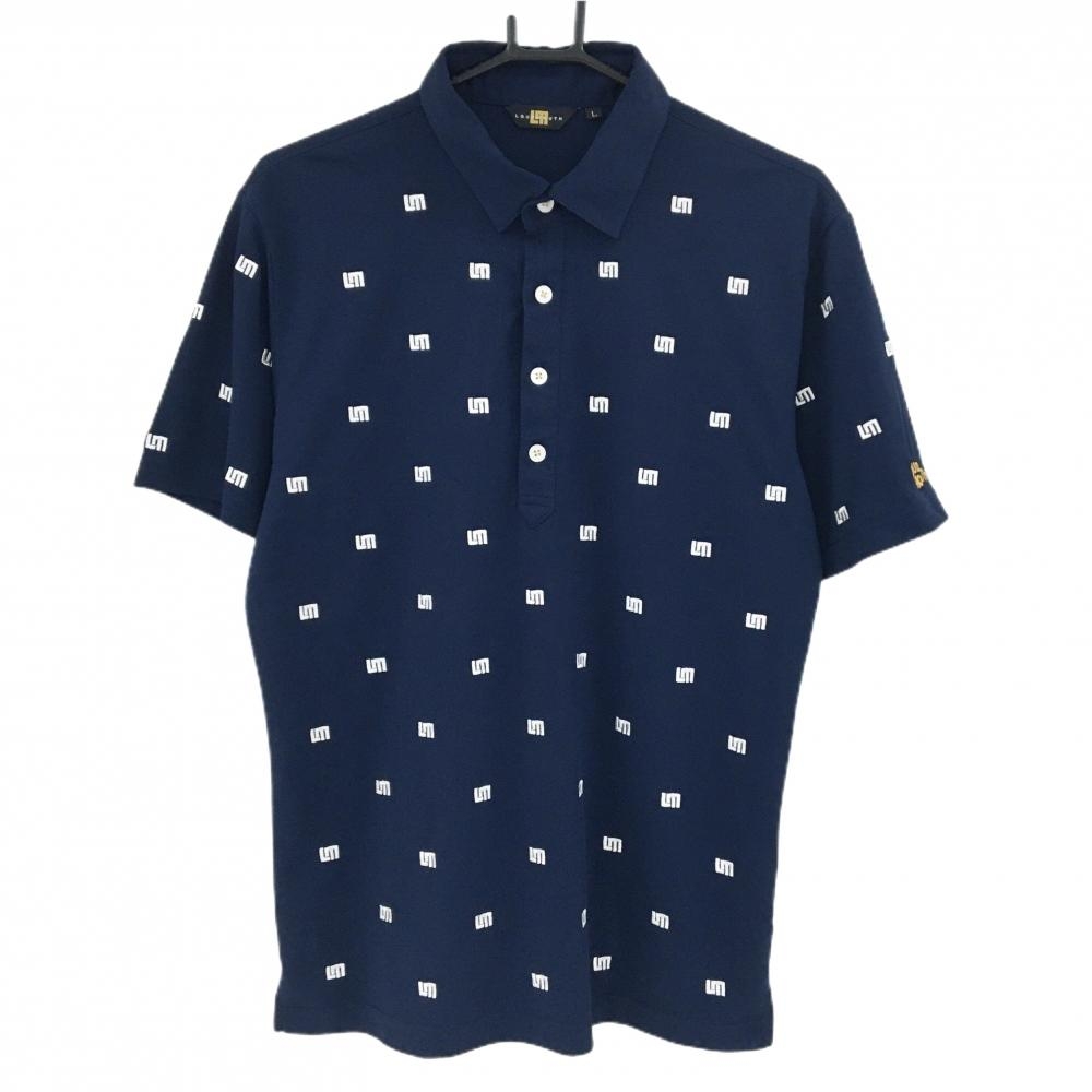 【超美品】ラウドマウス 半袖ポロシャツ ネイビー×白 ロゴ総柄刺しゅう メンズ L ゴルフウェア LOUDMOUTH
