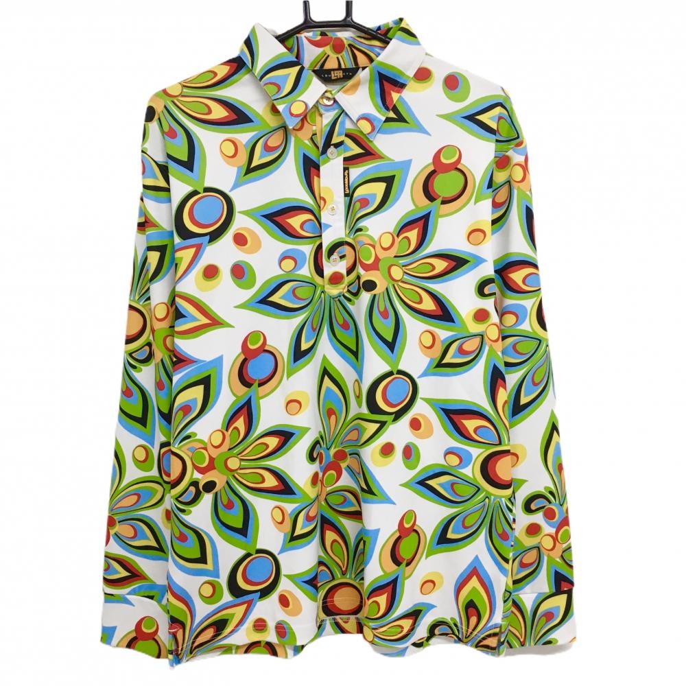 【超美品】ラウドマウス 長袖ポロシャツ 白×ライトグリーン 総柄 シャガデリックホワイト メンズ LL ゴルフウェア LOUDMOUTH