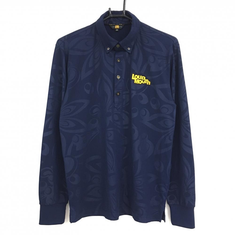 【美品】ラウドマウス 長袖ポロシャツ ネイビー×イエロー シャガデリック 地模様 ボタンダウン メンズ M ゴルフウェア LOUDMOUTH