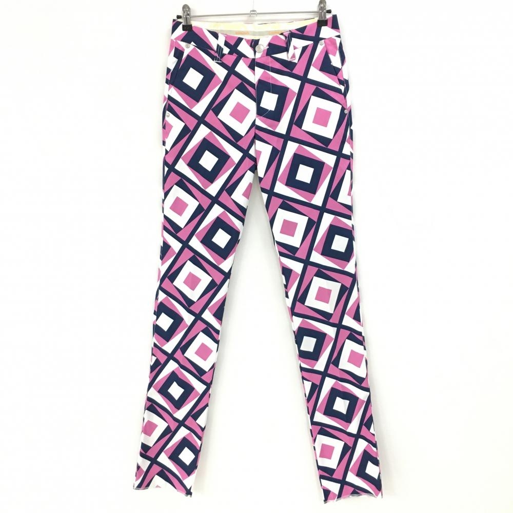 【新品】ラウドマウス パンツ ピンク×ネイビー×白 総柄 スクエア ストレッチ タンブラーネイビー メンズ S ゴルフウェア LOUDMOUTH