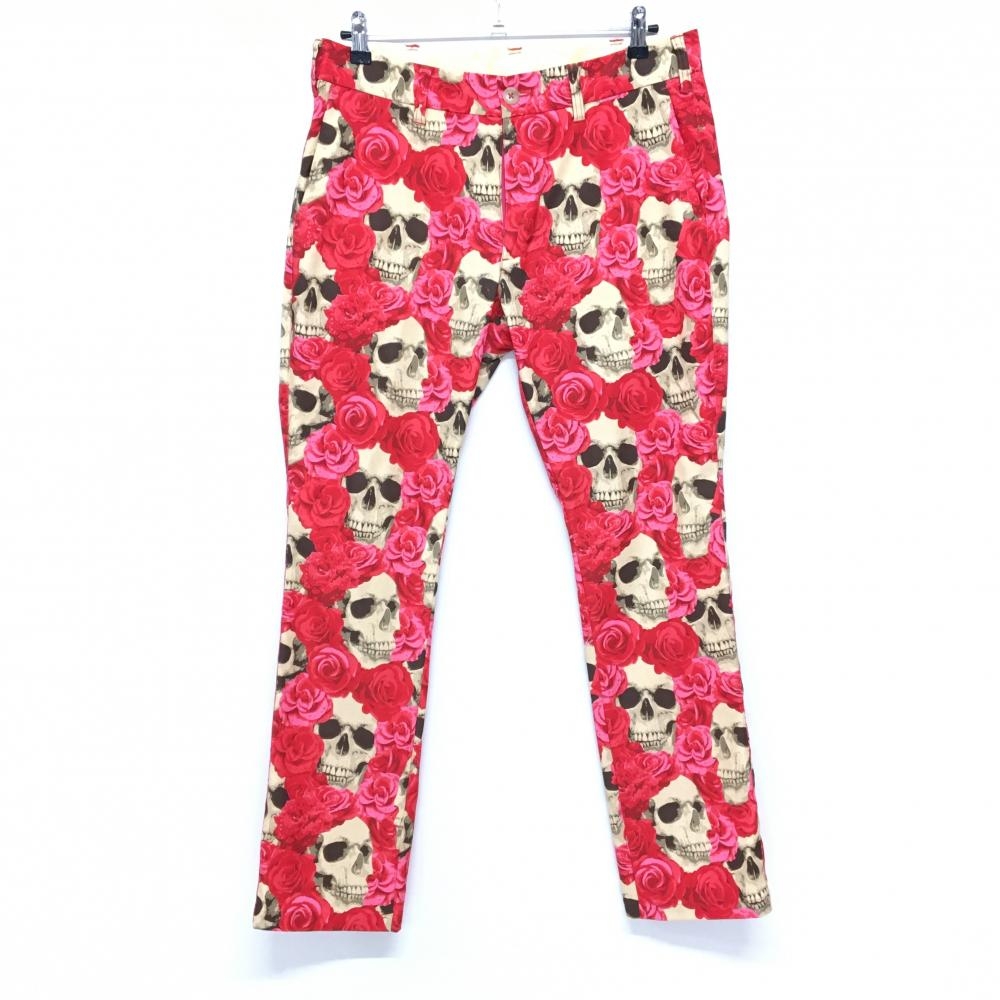 【超美品】ラウドマウス パンツ レッド×ベージュ 総柄 バラ スカル バックロゴ メンズ L ゴルフウェア LOUDMOUTH