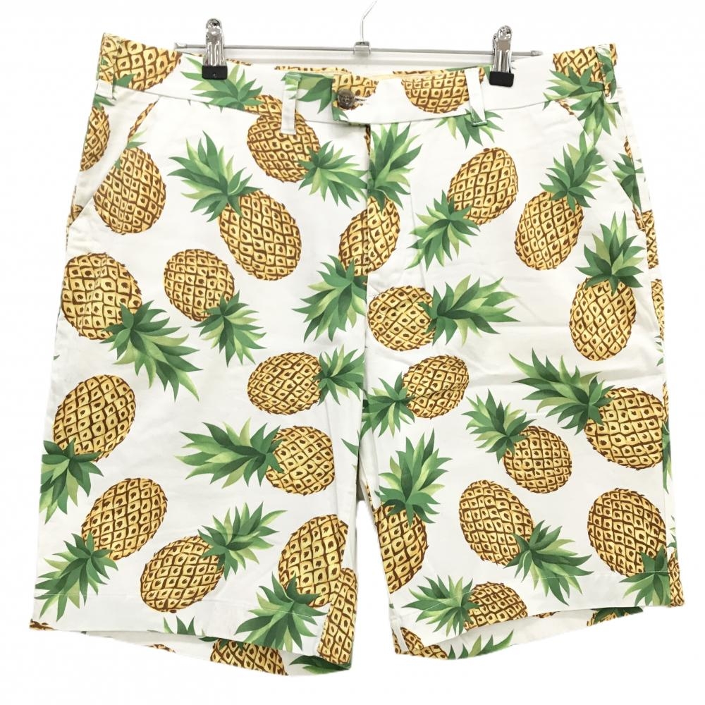 ラウドマウス ハーフパンツ 白×グリーン パイナップル柄 ストレッチ メンズ 38 ゴルフウェア LOUDMOUTH