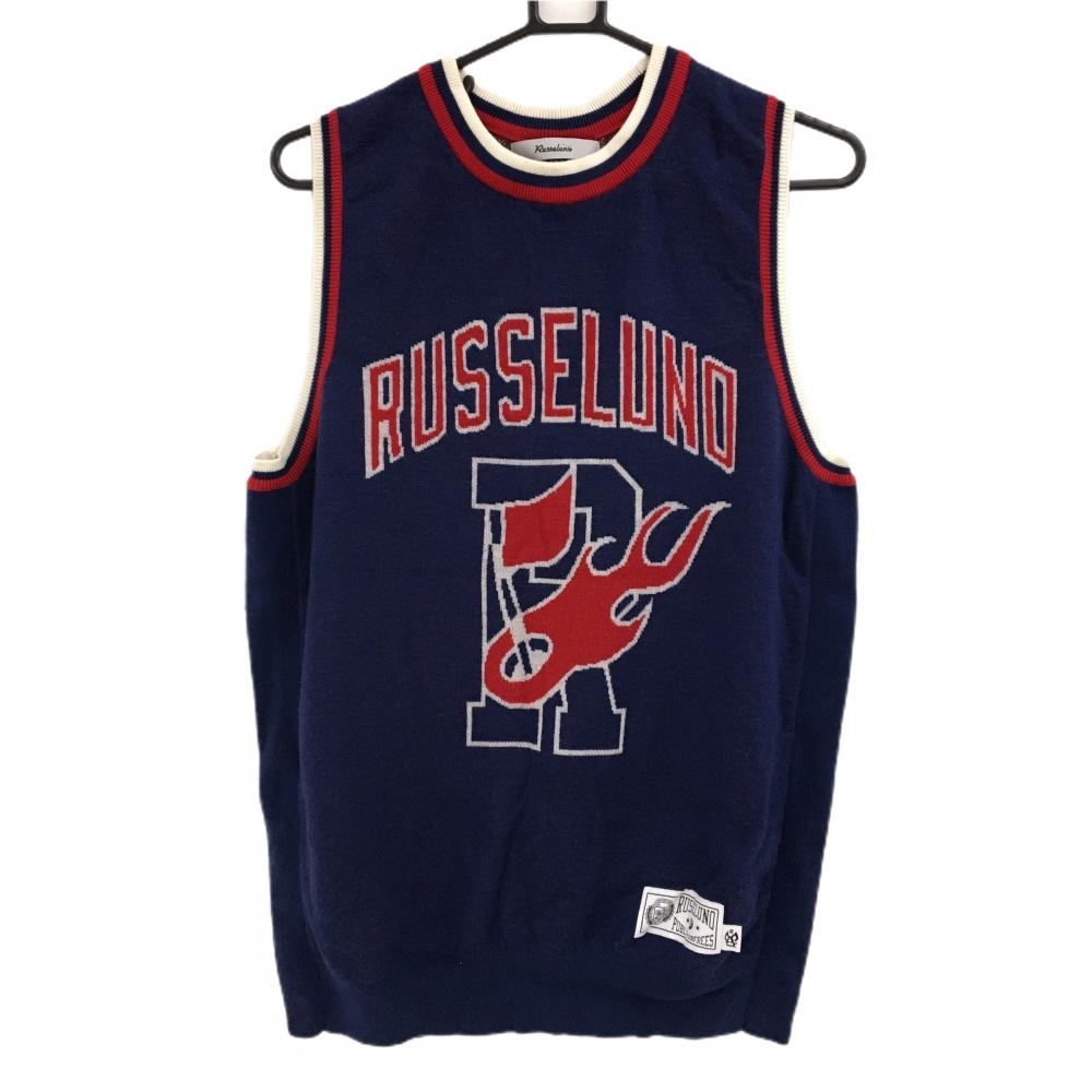 【美品】ラッセルノ ニットベスト ネイビー×レッド×白 ウール100％  メンズ 5(L) ゴルフウェア RUSSELUNO