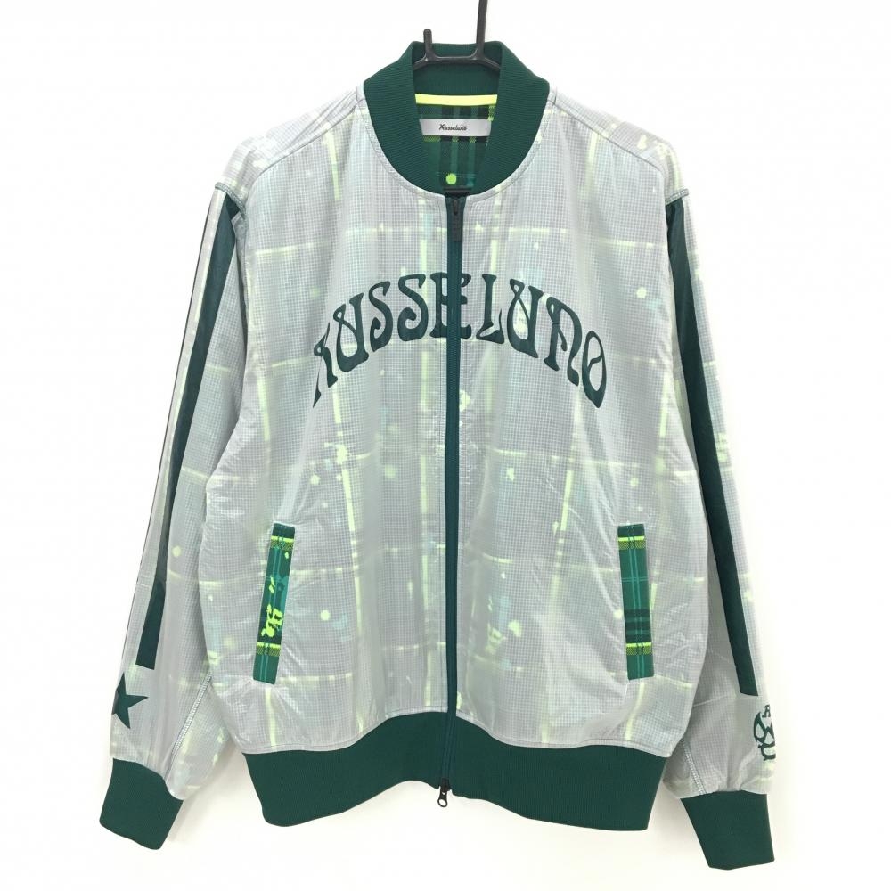 【超美品】ラッセルノ ブルゾン 白×グリーン 表ナイロン100% シアー素材 チェック ルチャマスク メンズ 5(L) ゴルフウェア RUSSELUNO