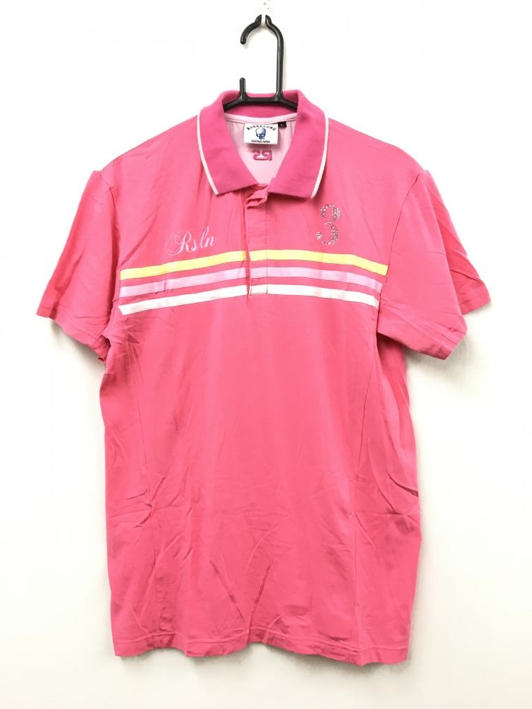 RUSSELUNO ラッセルノ　半袖ポロシャツ　ピンク×白　ラインストーン　メンズ L ゴルフ r11