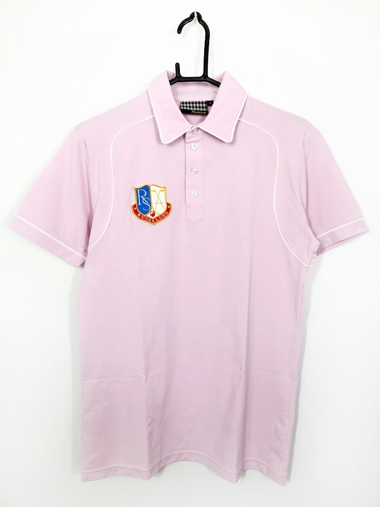 RUSSELUNO ラッセルノ 半袖ポロシャツ ライトピンク×白 ロゴプリント ワッペン スカル メンズ  4 ゴルフウェア L