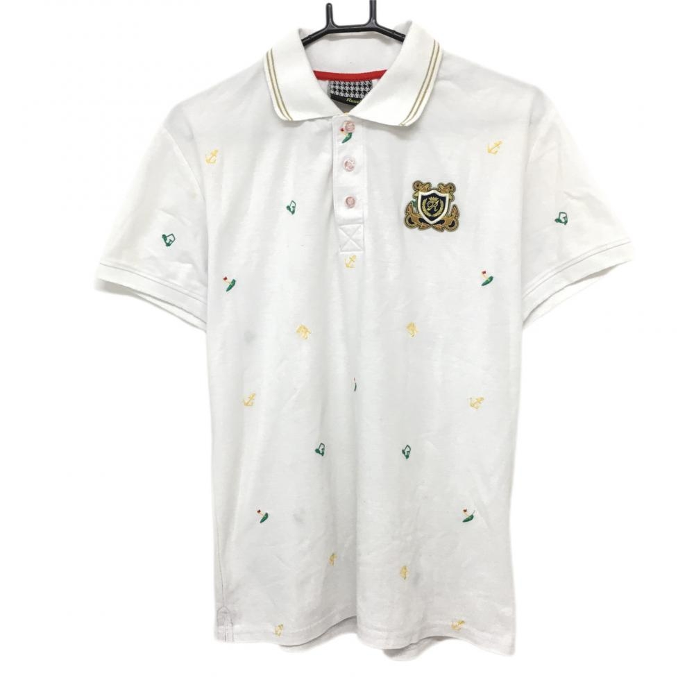 ラッセルノ 半袖ポロシャツ 白×イエロー 刺しゅう総柄 襟ライン  メンズ 6(XL) ゴルフウェア RUSSELUNO