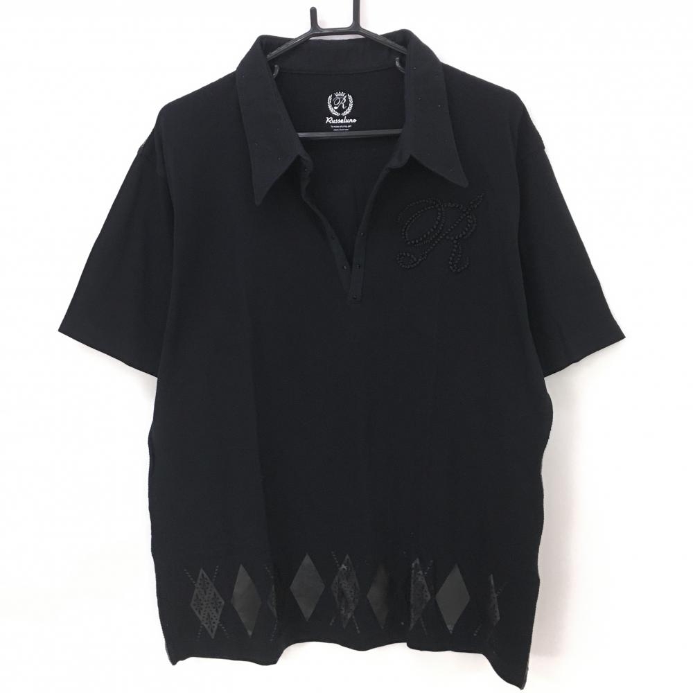 【未使用品】ラッセルノ 半袖スキッパーシャツ 黒 裾柄 ラインストーン メンズ XXL ゴルフウェア 大きいサイズ RUSSELUNO