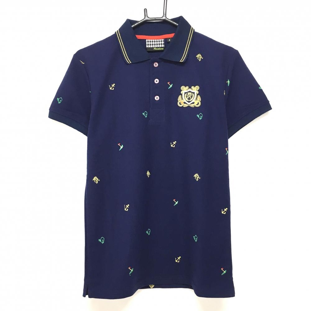 【超美品】ラッセルノ 半袖ポロシャツ ネイビー×グリーン×イエロー 総柄 イカリ カート  メンズ 4(M) ゴルフウェア RUSSELUNO