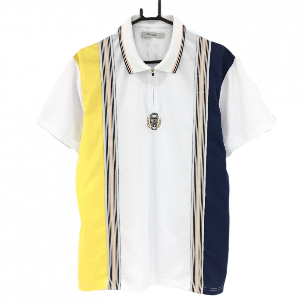 ラッセルノ 半袖ポロシャツ 白×ネイビー×イエロー 一部ストライプ ルチャマスク ハーフジップ メンズ 6(XL) ゴルフウェア RUSSELUNO