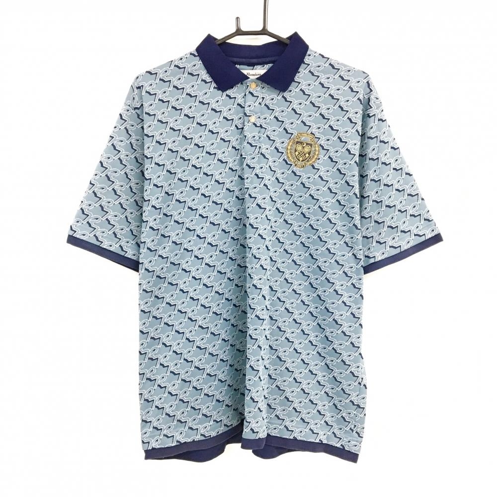 ラッセルノ 半袖ポロシャツ スモーキーブルー系×ネイビー 総柄 ルチャ 襟裏ロゴ メンズ 5(L) ゴルフウェア RUSSELUNO