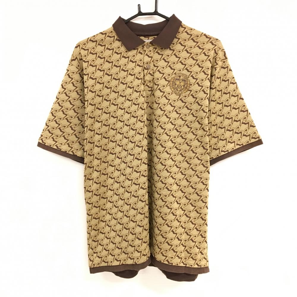 ラッセルノ 半袖ポロシャツ ベージュ×ブラウン 総柄 ルチャ 襟裏ロゴ メンズ 5(L) ゴルフウェア RUSSELUNO